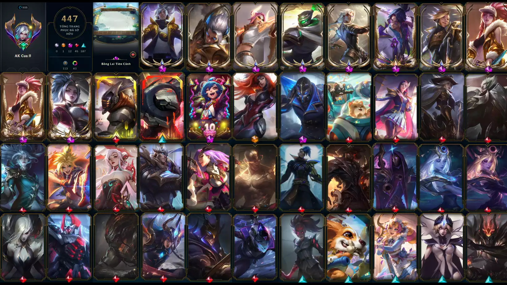 ACC ĐẸP  SKIN : 447 10HH 12 TÍM 45 ĐỎ 187 SỬ THI , LV: 525,ĐA SẮC : 44, FULL TƯỚNG ,DƯ 15K THL, MAIN AKALI,RANK ĐỒNG DTCL : SÂN BỒNG LAI TIÊN CẢNH, NHIỀU PET 3 SAO,4 SÂN ĐỎ , NHIỀU CHƯỞNG LỰC 2HC, CÒN ĐỔI TÊN